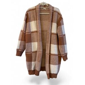 Wmns Altar'd State Oversize Open Front Comfy Cozy Checked Beige/Camel M Cardigan